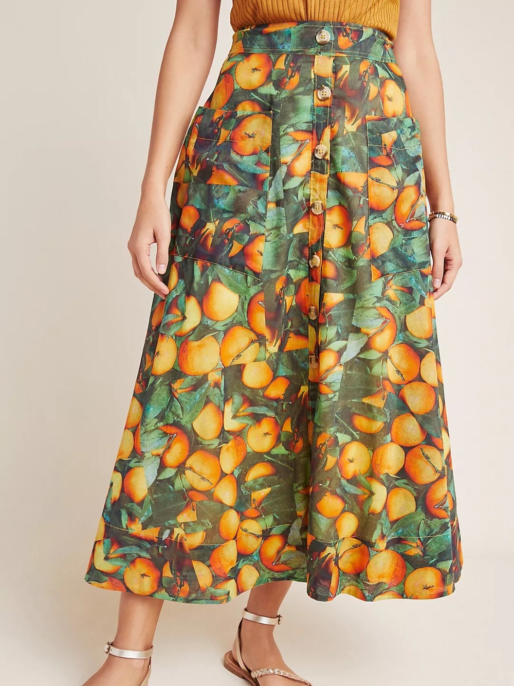 Anthropologie Maeve Summer Orchard Skirt Orange Leaf Button Front Midi Cotton 8